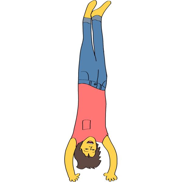 a yellow person wearing a red shirt and blue pants upside down